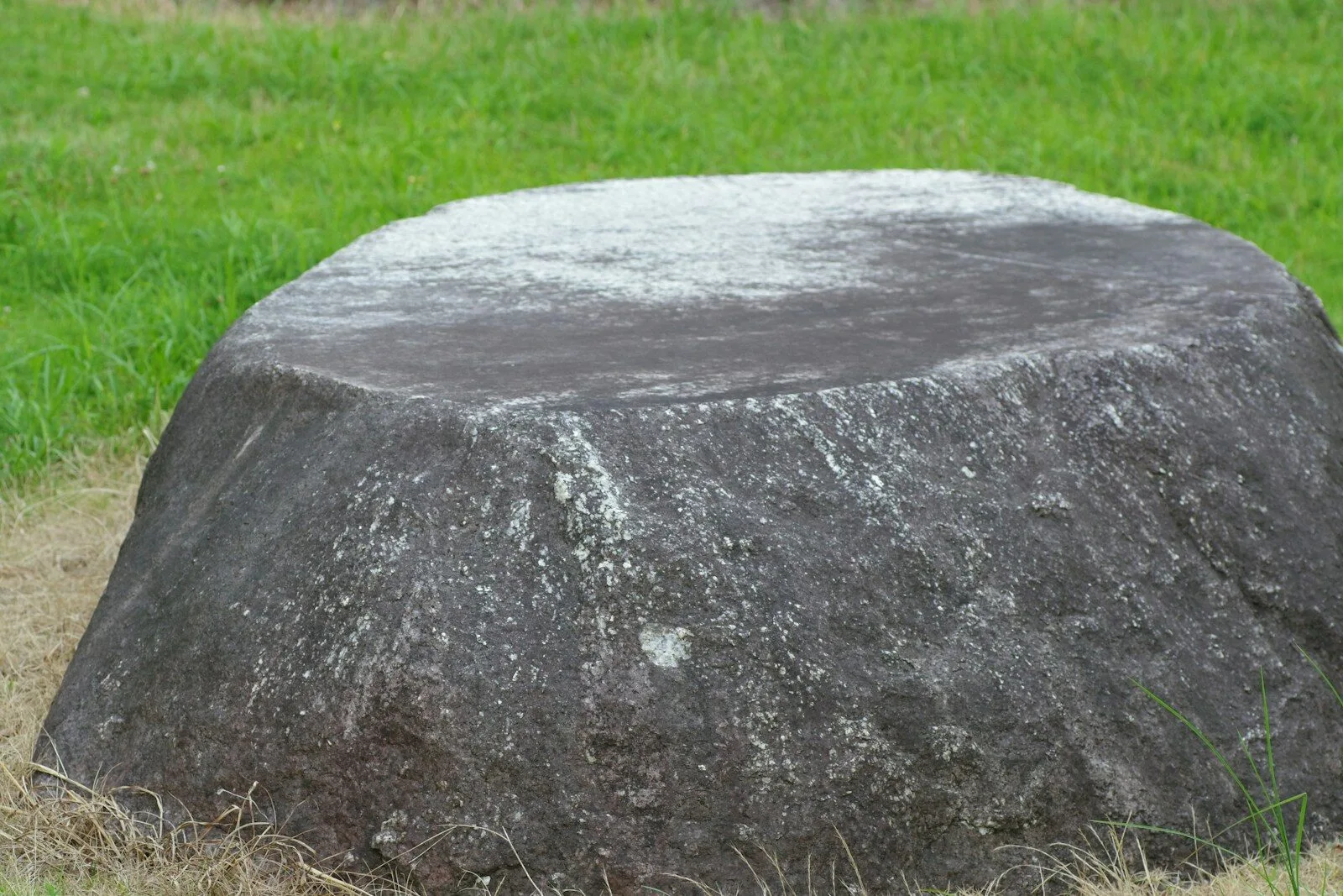 A large rock sitting on top of a lush green field