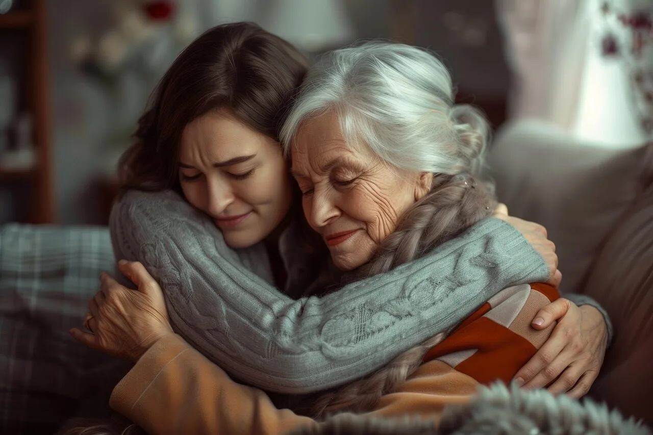 family, grandparent, mother, woman, people, daughter, grandmother, smile, love, senior, home, parent, elderly, hug, embrace, affection