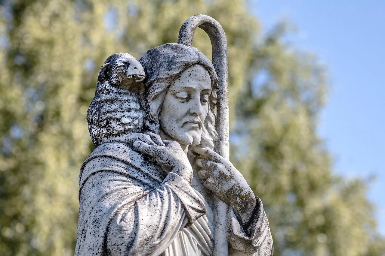 jesus, the good shepherd, shepherd's staff, lamb, wear, worn, keep, hope, sculpture, shoulder, faith, religion, graveyard, statue, figure, weathered, old, stone, jesus, jesus, jesus, jesus, jesus, lamb