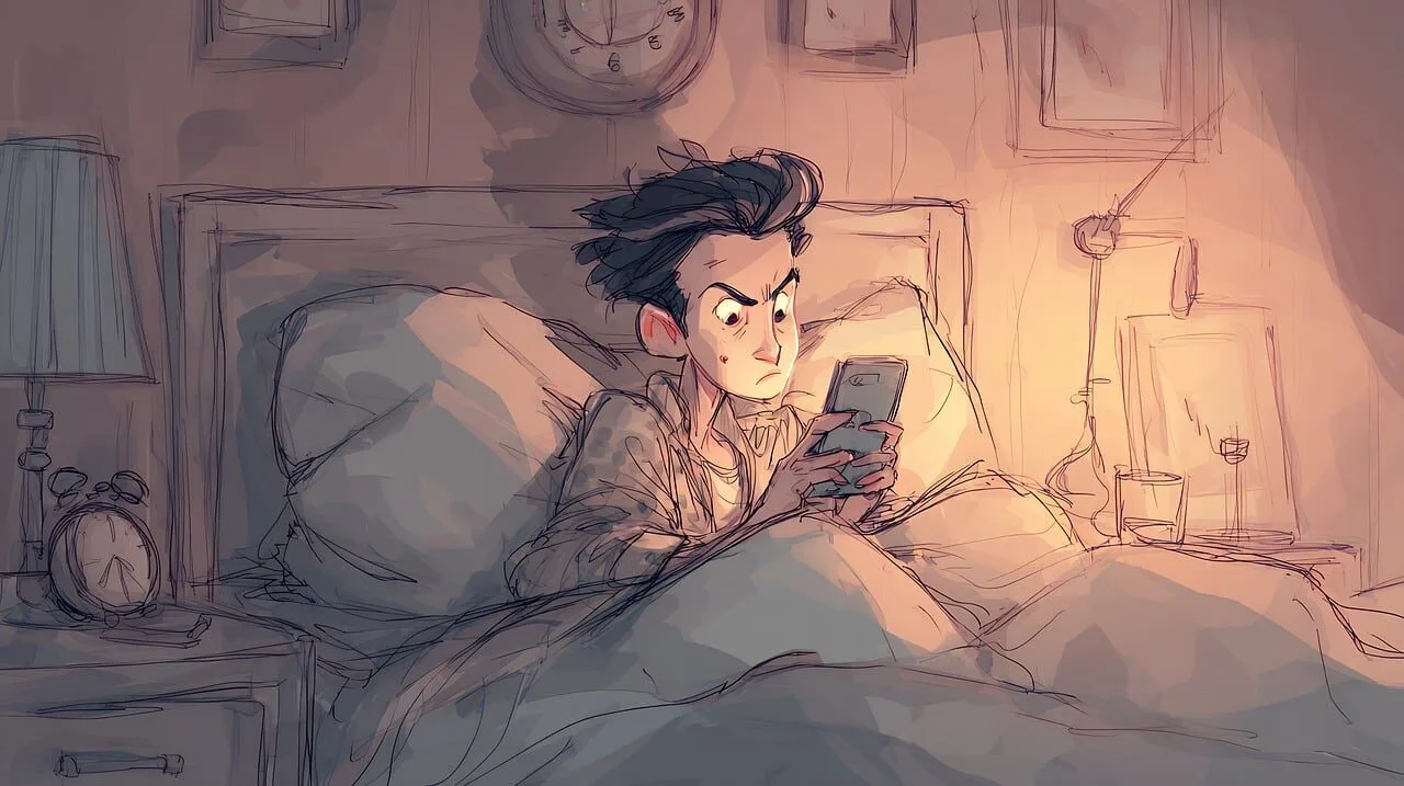 ai generated, man, bed, phone, bedroom, night, light, boy, male, young, mobile, technology, communication, indoors, home, sleeping, resting, blanket, pillow, comfortable, lifestyle, relaxation, screen, device, digital