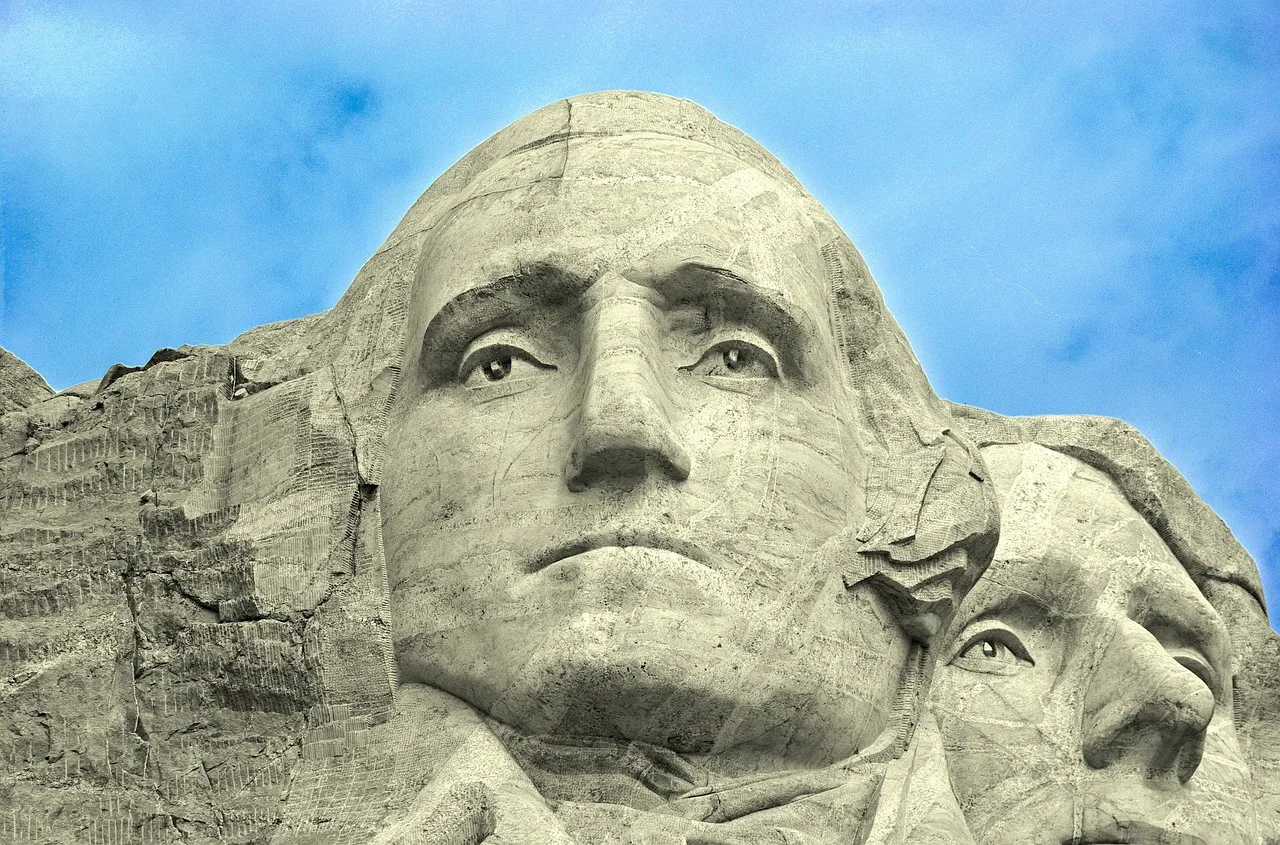 washington on rushmore, mount, rushmore, usa, president, memorial, rock, monument, landmark, nature, sculpture, patriotism, national, outdoors, blue sky, carving, dakota, mountain, george, washington, immense, sky, blue, stone
