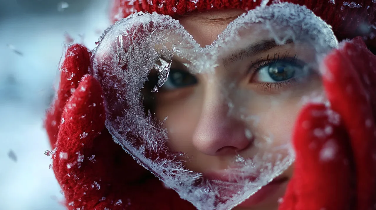 ai generated, winter, heart, face, eyes, gaze, woman, ice, heart-shaped, love, symbol, cold